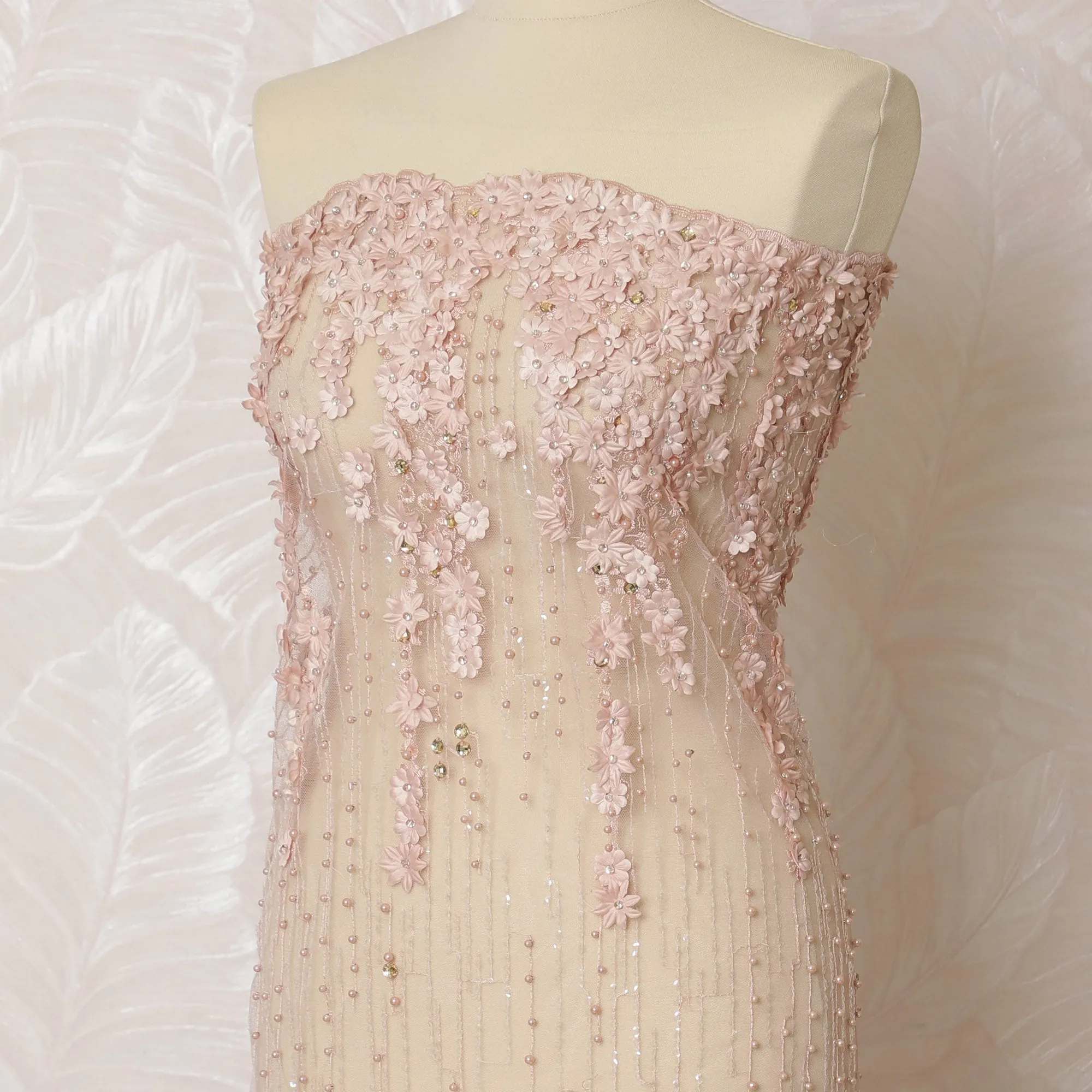 Elegant Blush Pink and Gold Sequined Nylon Tulle Fabric, 140 cm Wide â€“ Romantic Floral and Sequin Design-D19259