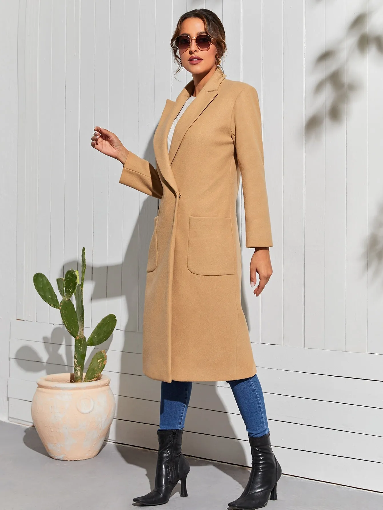 Elegant Plain Pocket Long Sleeve Lapel Long Women Overcoat