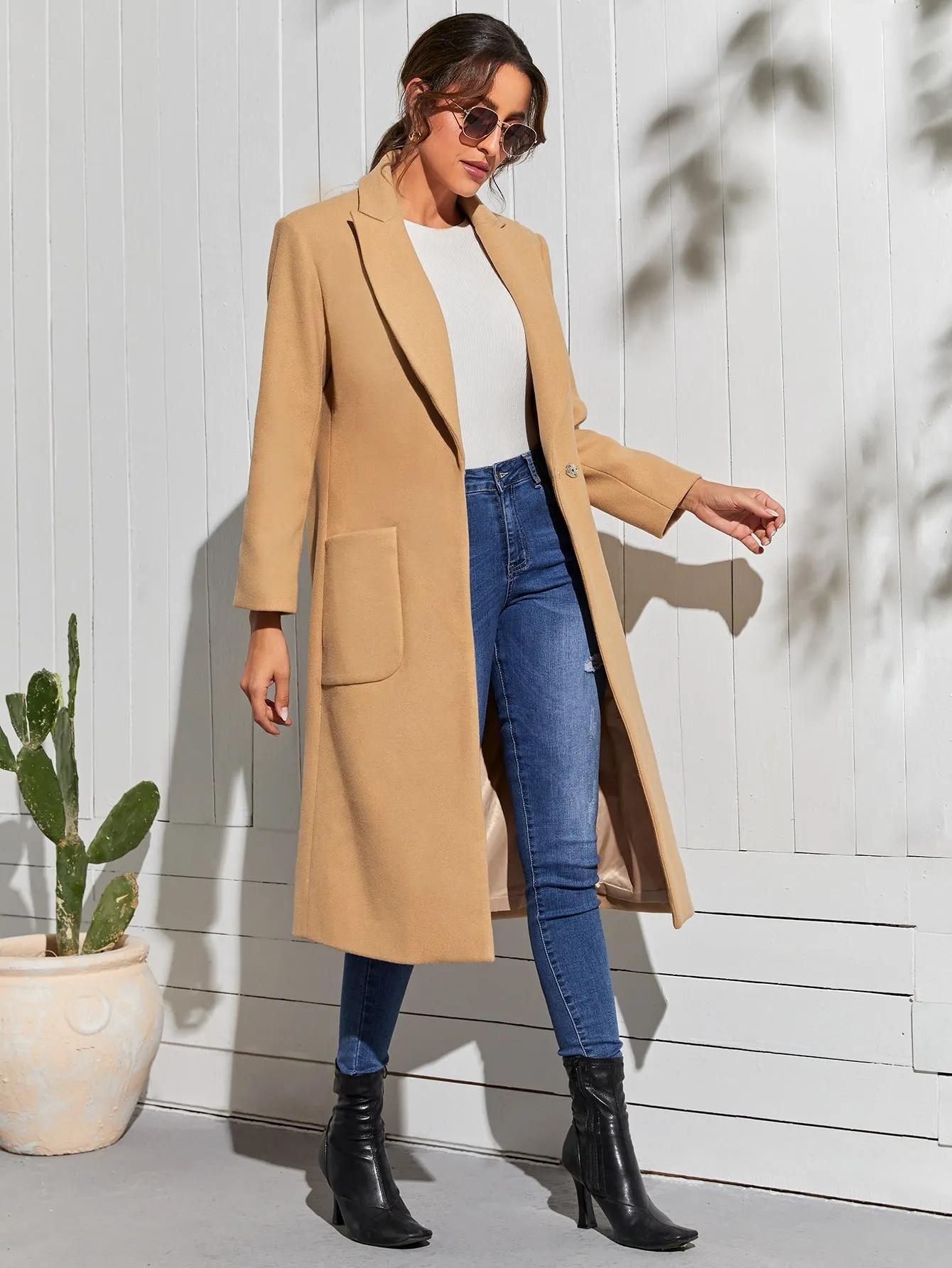 Elegant Plain Pocket Long Sleeve Lapel Long Women Overcoat