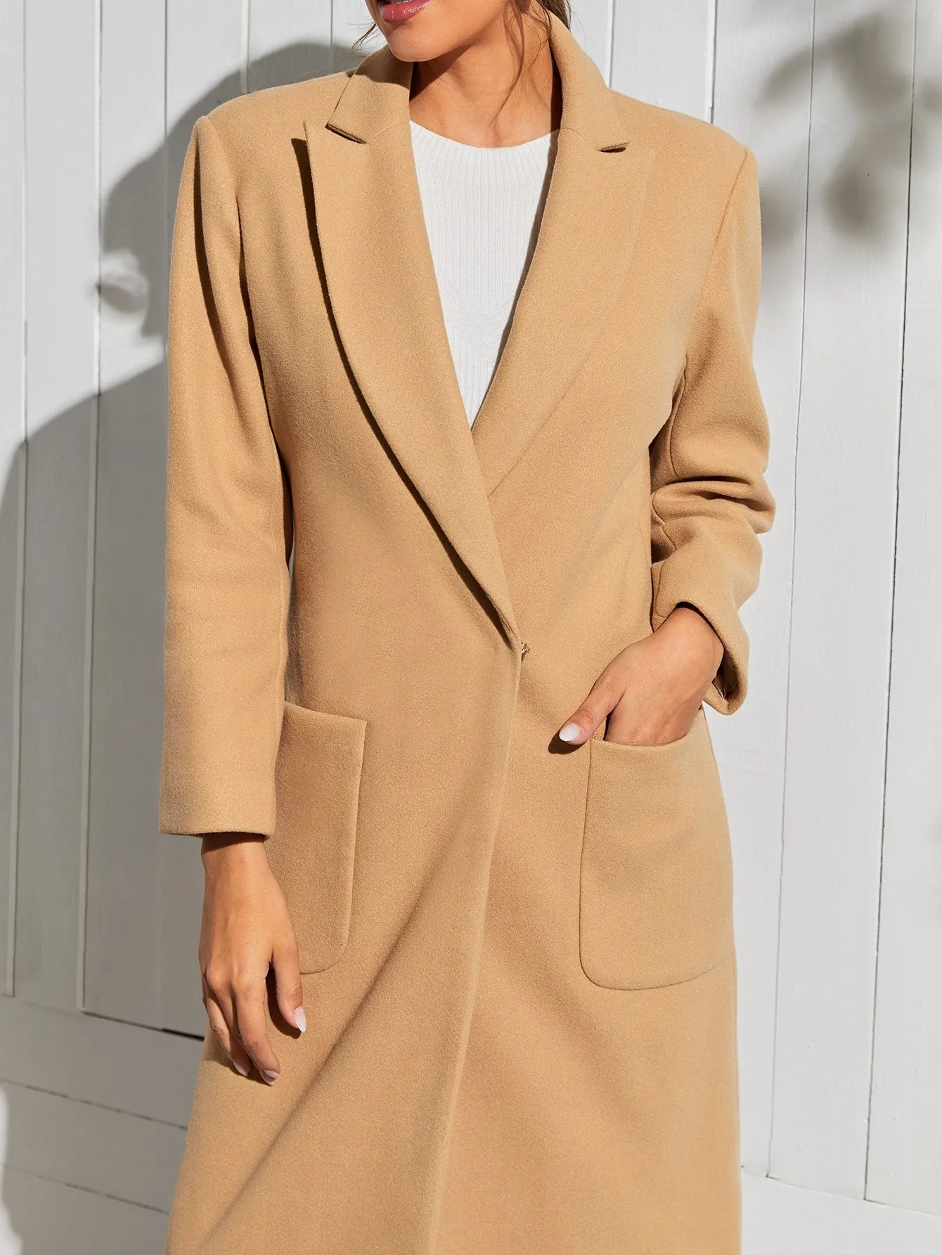 Elegant Plain Pocket Long Sleeve Lapel Long Women Overcoat