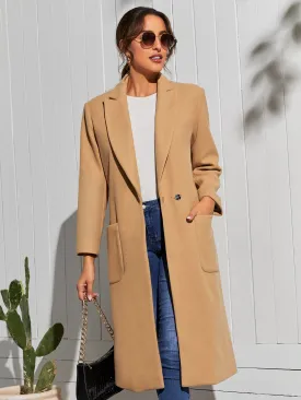 Elegant Plain Pocket Long Sleeve Lapel Long Women Overcoat