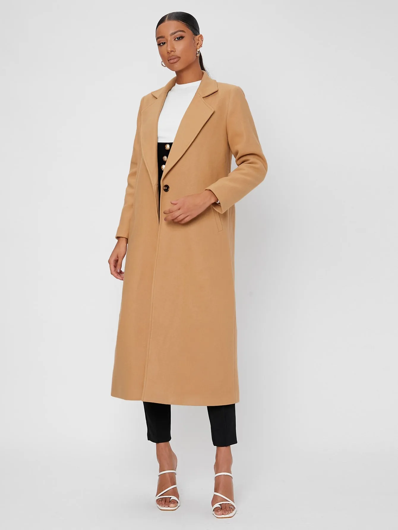 Elegant Plain Pocket Long Sleeve Lapel Long Womens Overcoat