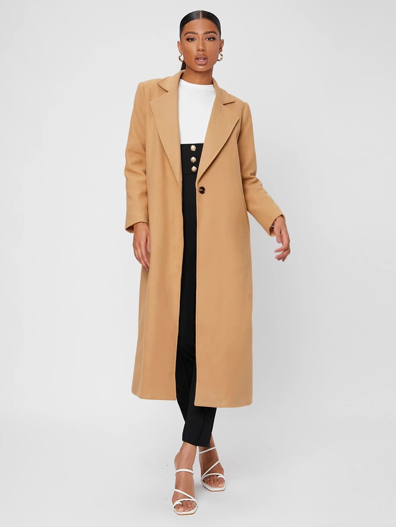 Elegant Plain Pocket Long Sleeve Lapel Long Womens Overcoat