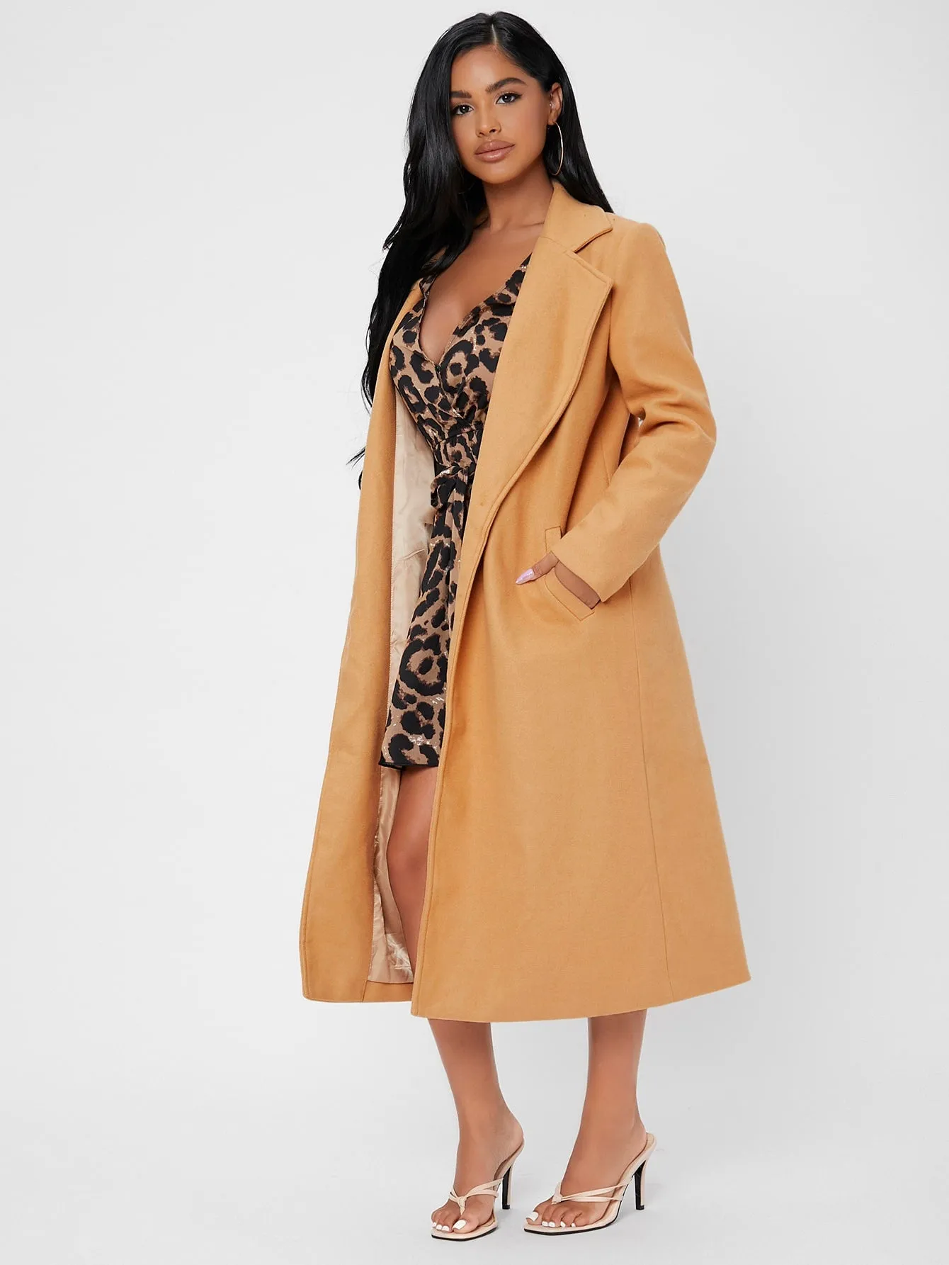 Elegant Plain Pocket Long Sleeve Lapel Midi Women Overcoat