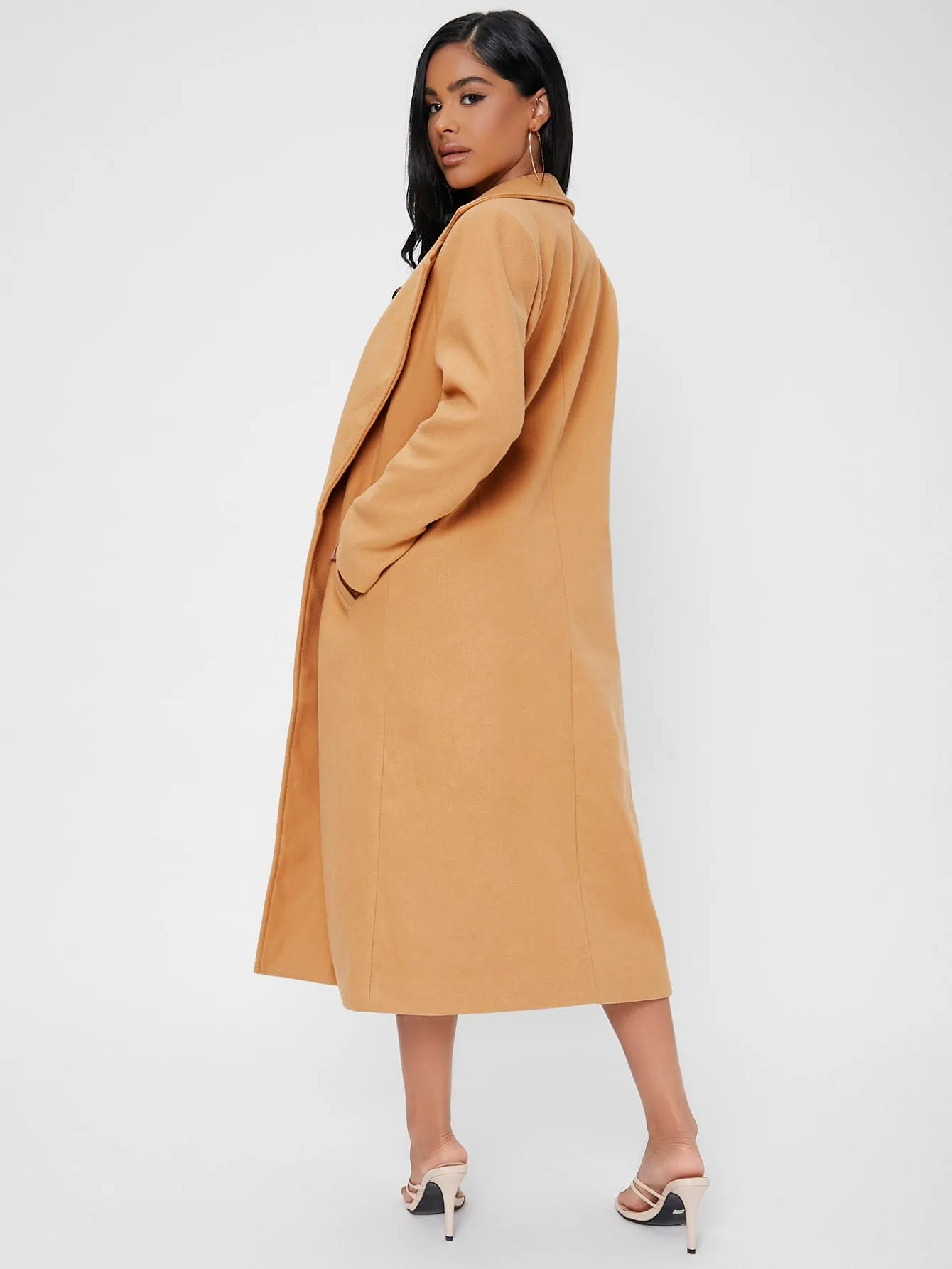 Elegant Plain Pocket Long Sleeve Lapel Midi Women Overcoat