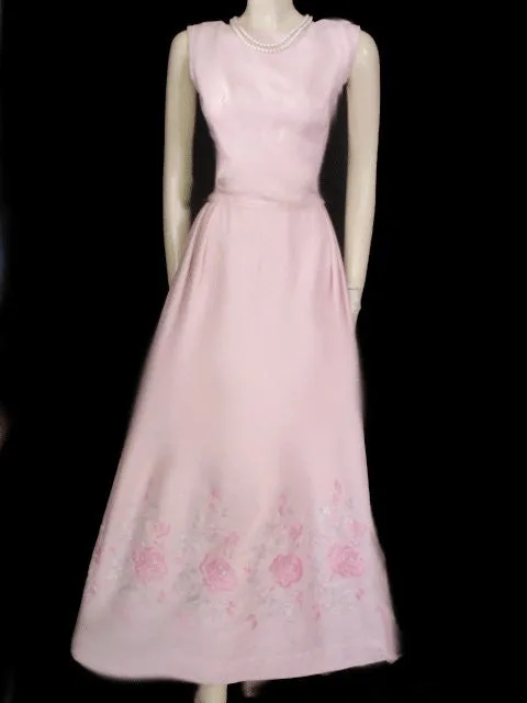 *FABULOUS VINTAGE PINK DRESS EMBROIDERED WITH PINK & SILVER ROSES WITH METAL ZIPPER