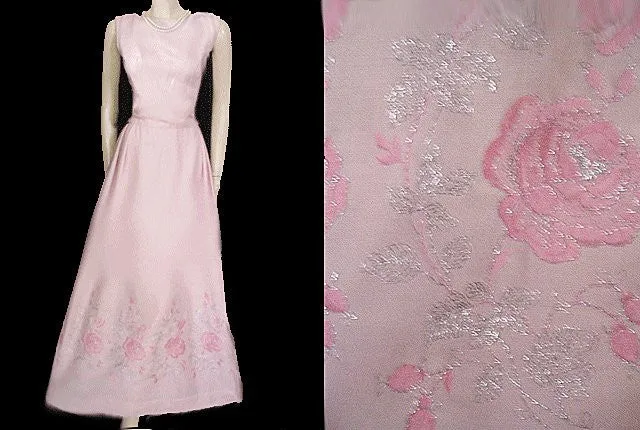 *FABULOUS VINTAGE PINK DRESS EMBROIDERED WITH PINK & SILVER ROSES WITH METAL ZIPPER