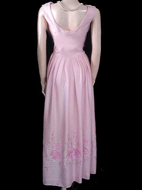 *FABULOUS VINTAGE PINK DRESS EMBROIDERED WITH PINK & SILVER ROSES WITH METAL ZIPPER