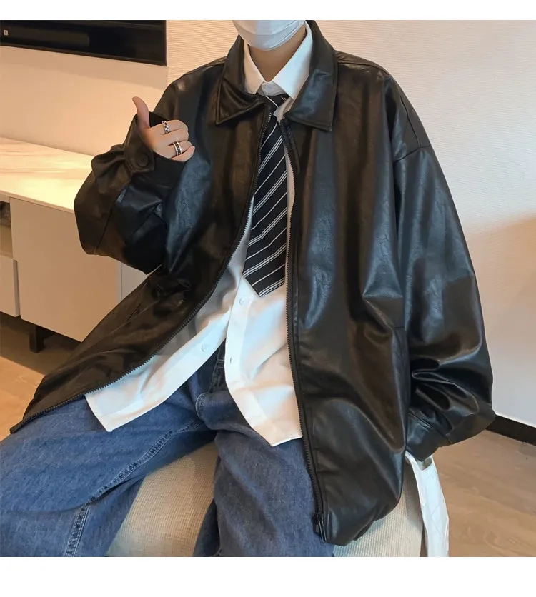 Fashion Brand Spring and Autumn Handsome Ins Hong Kong Style Loose Leather Coat