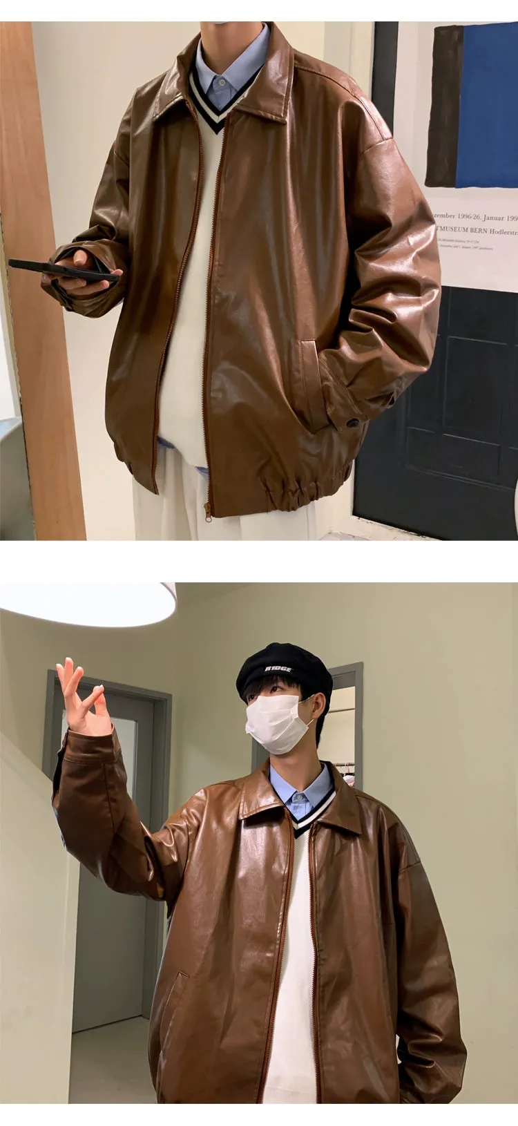 Fashion Brand Spring and Autumn Handsome Ins Hong Kong Style Loose Leather Coat