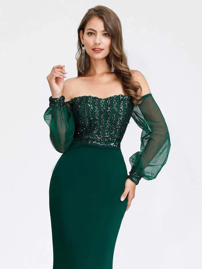 Fashion Off the Shoulder Sequin Evening Gowns With Tulle Sleeve