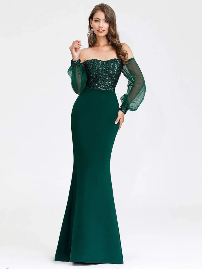 Fashion Off the Shoulder Sequin Evening Gowns With Tulle Sleeve