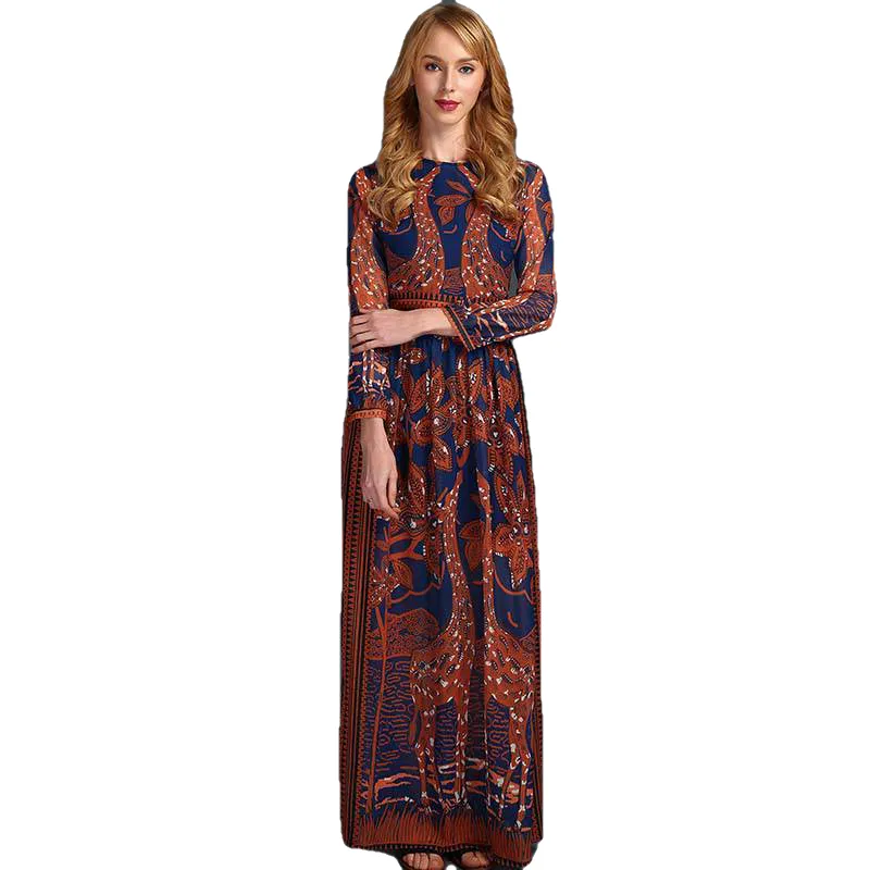 Fashion Women Long Chiffon Sleeve Print Maxi Dress