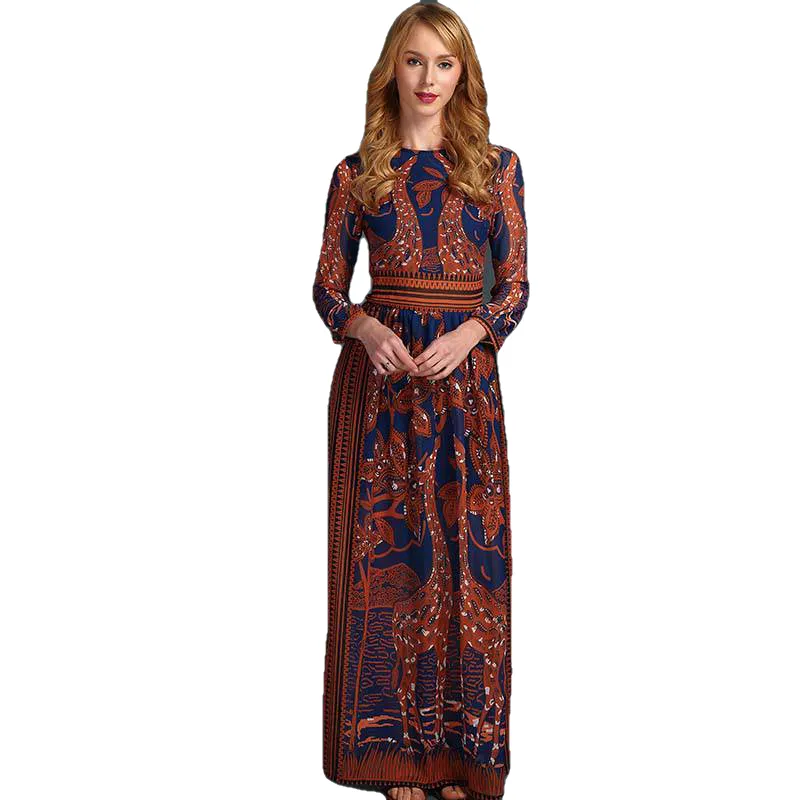 Fashion Women Long Chiffon Sleeve Print Maxi Dress