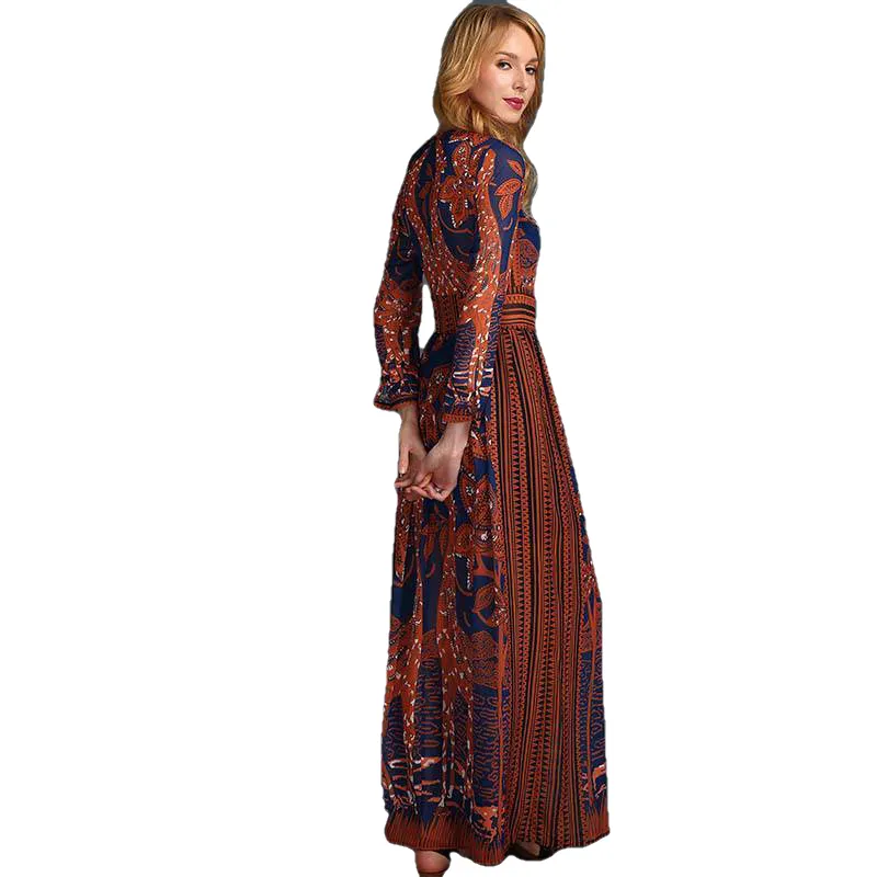 Fashion Women Long Chiffon Sleeve Print Maxi Dress