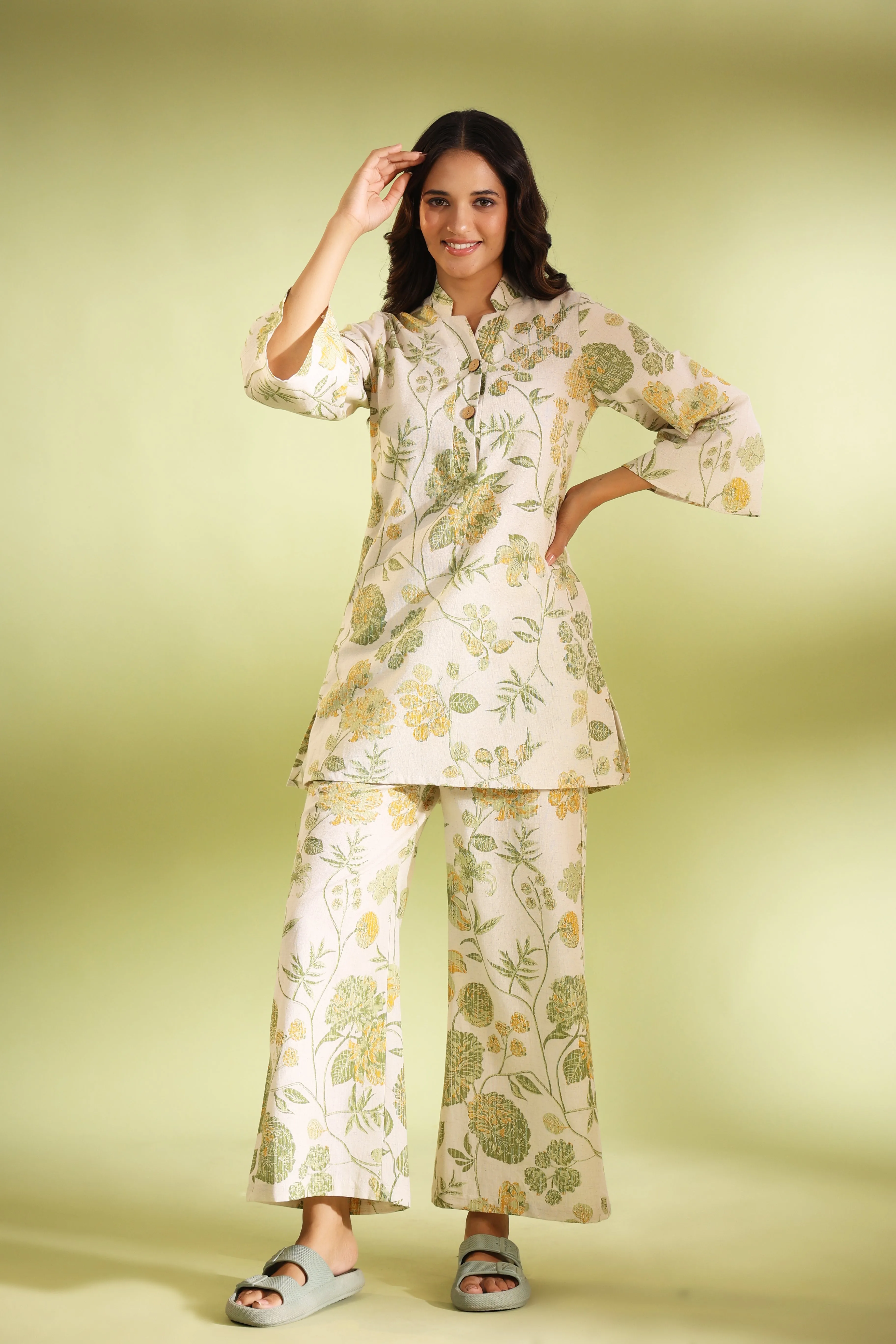 Flora Off White Cotton Flex Palazzo Loungewear Set