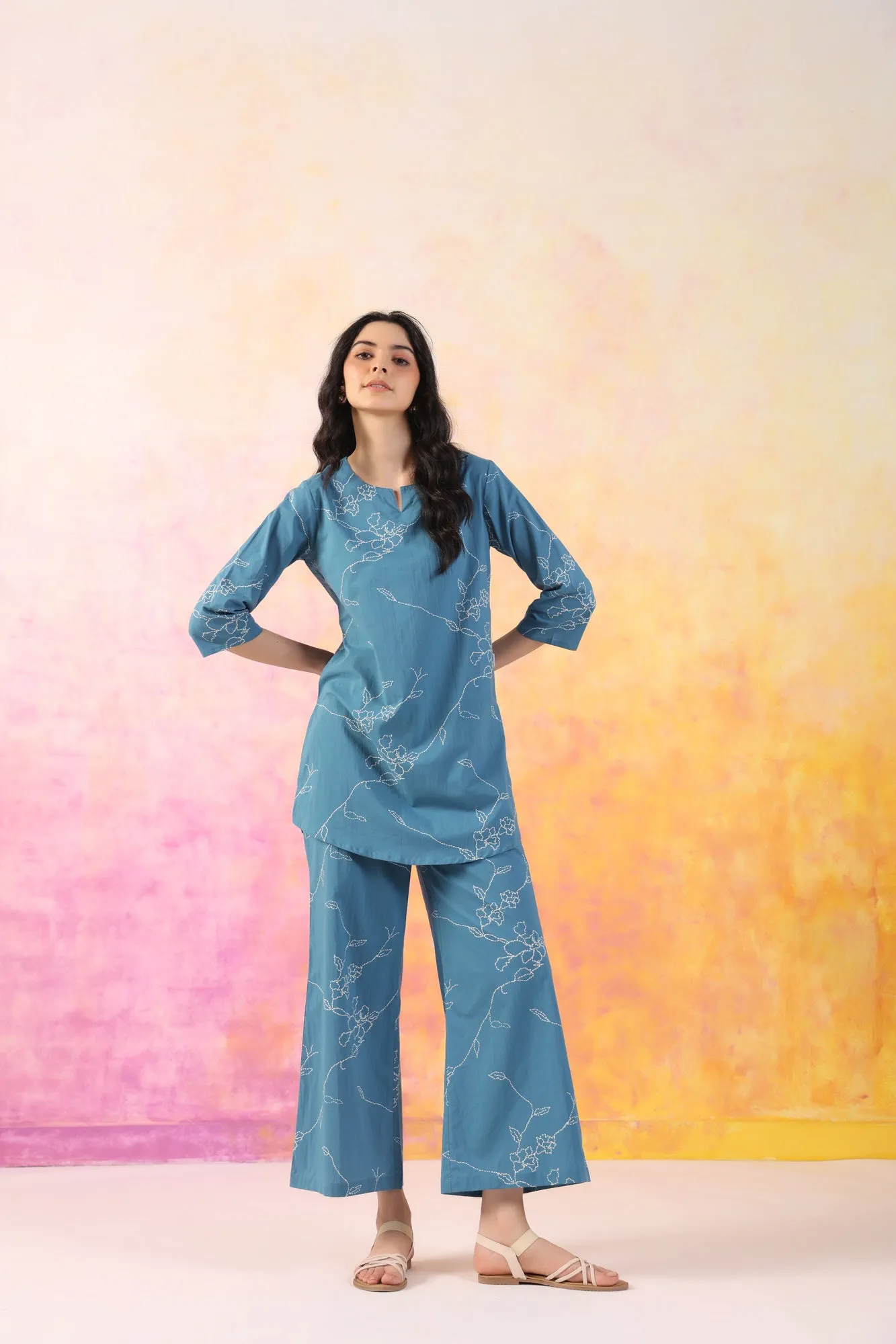 Floral Dots on Aqua Cotton Palazzo Loungewear Set