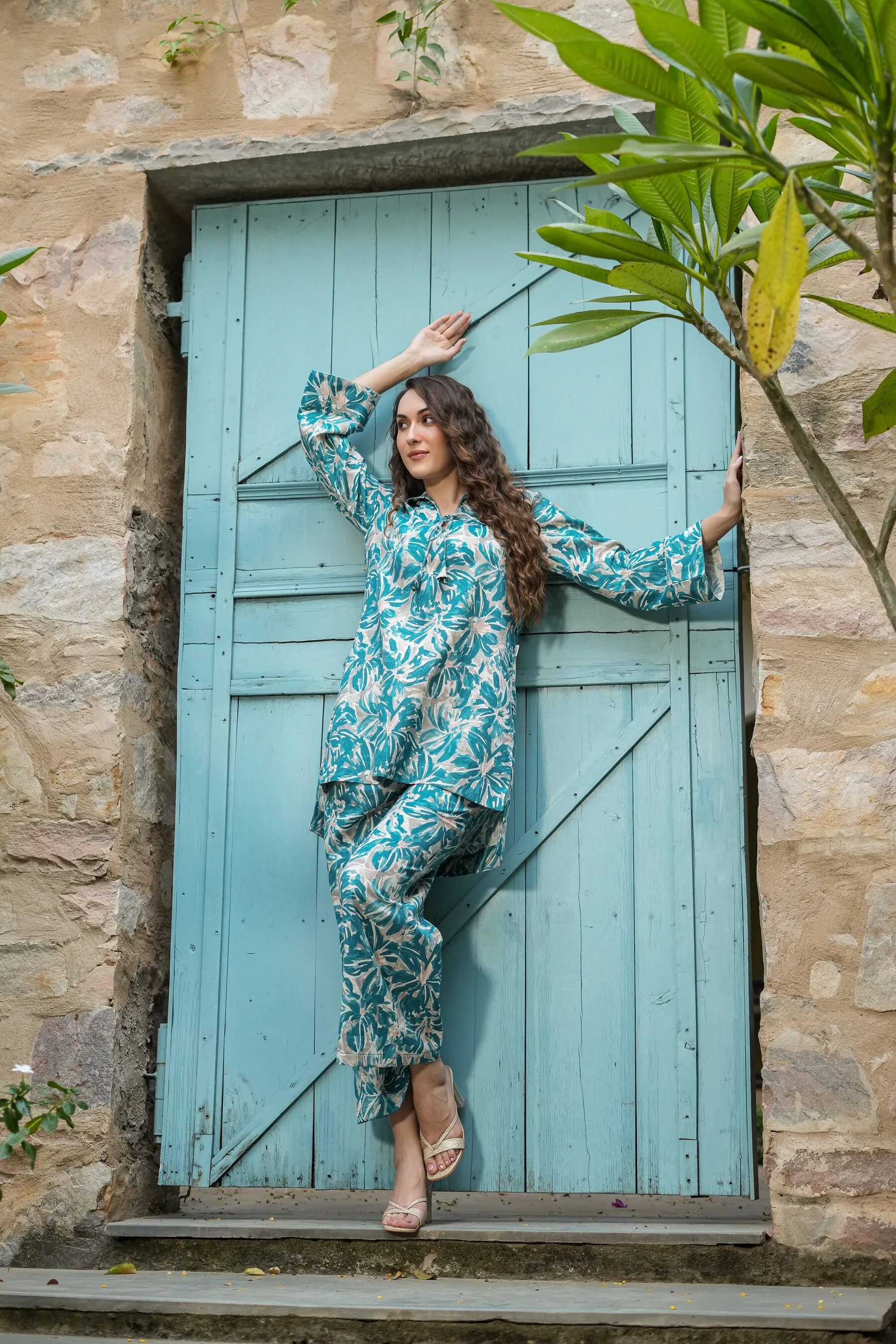 Floral Filigree Cotton Palazzo Loungewear Set