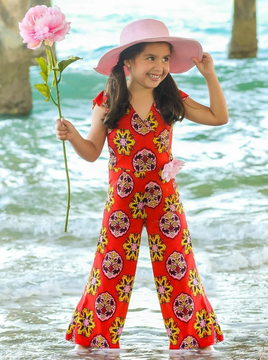 Girls Coral Medallion Print Flutter Sleeve Palazzo Pants Jumpsuit with Pink Flower Clip