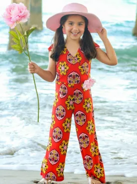 Girls Coral Medallion Print Flutter Sleeve Palazzo Pants Jumpsuit with Pink Flower Clip