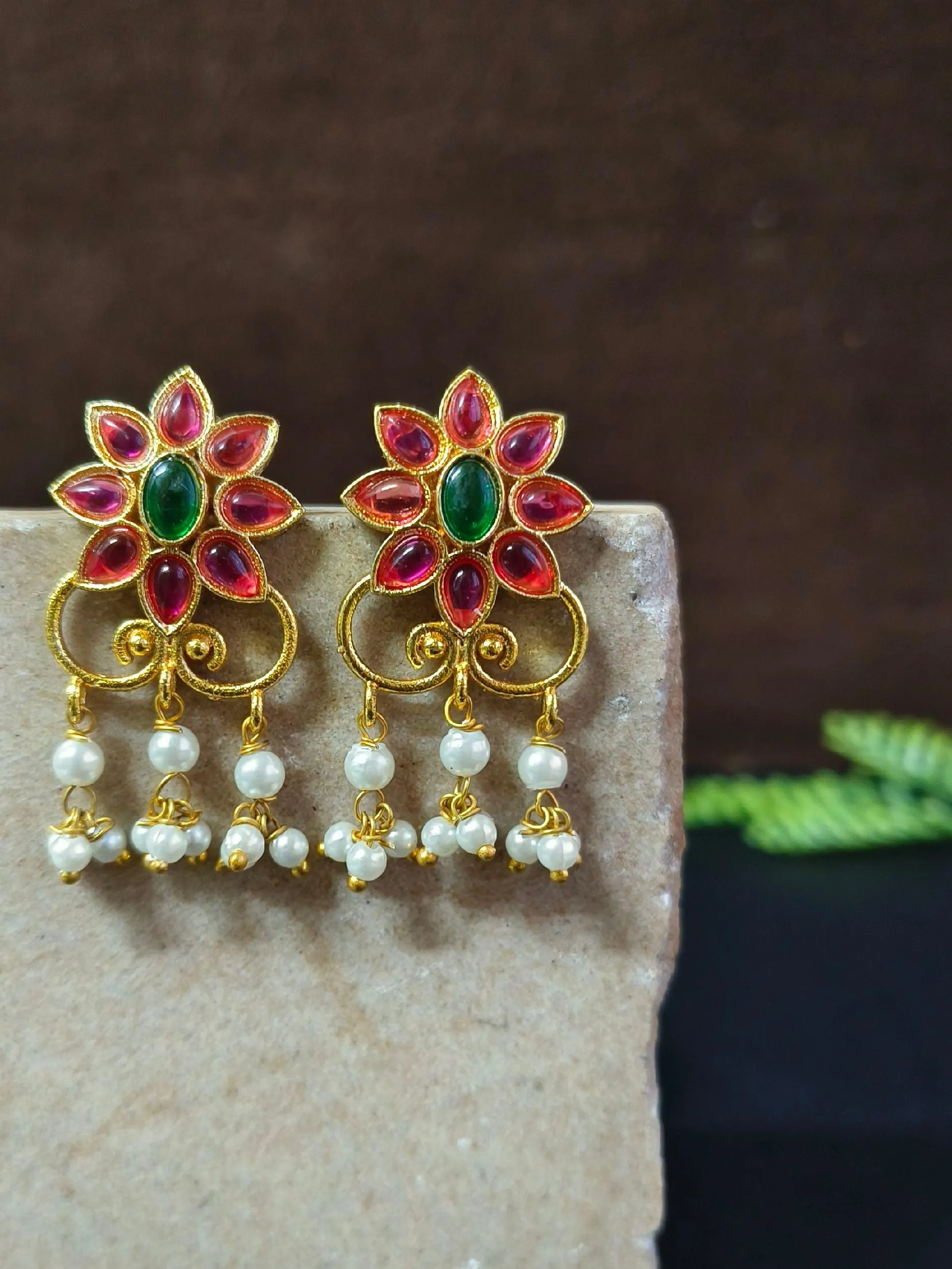 Golden Party Wear Stud Earrings with Pearl Drops & Stone Work | Sarichka