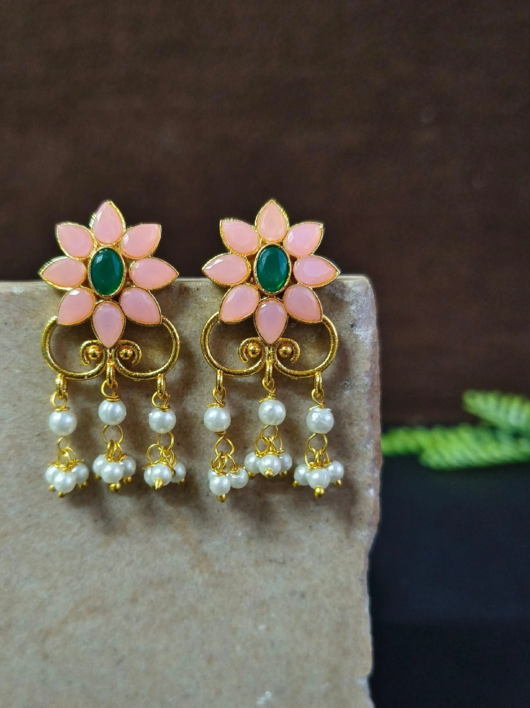 Golden Party Wear Stud Earrings with Pearl Drops & Stone Work | Sarichka