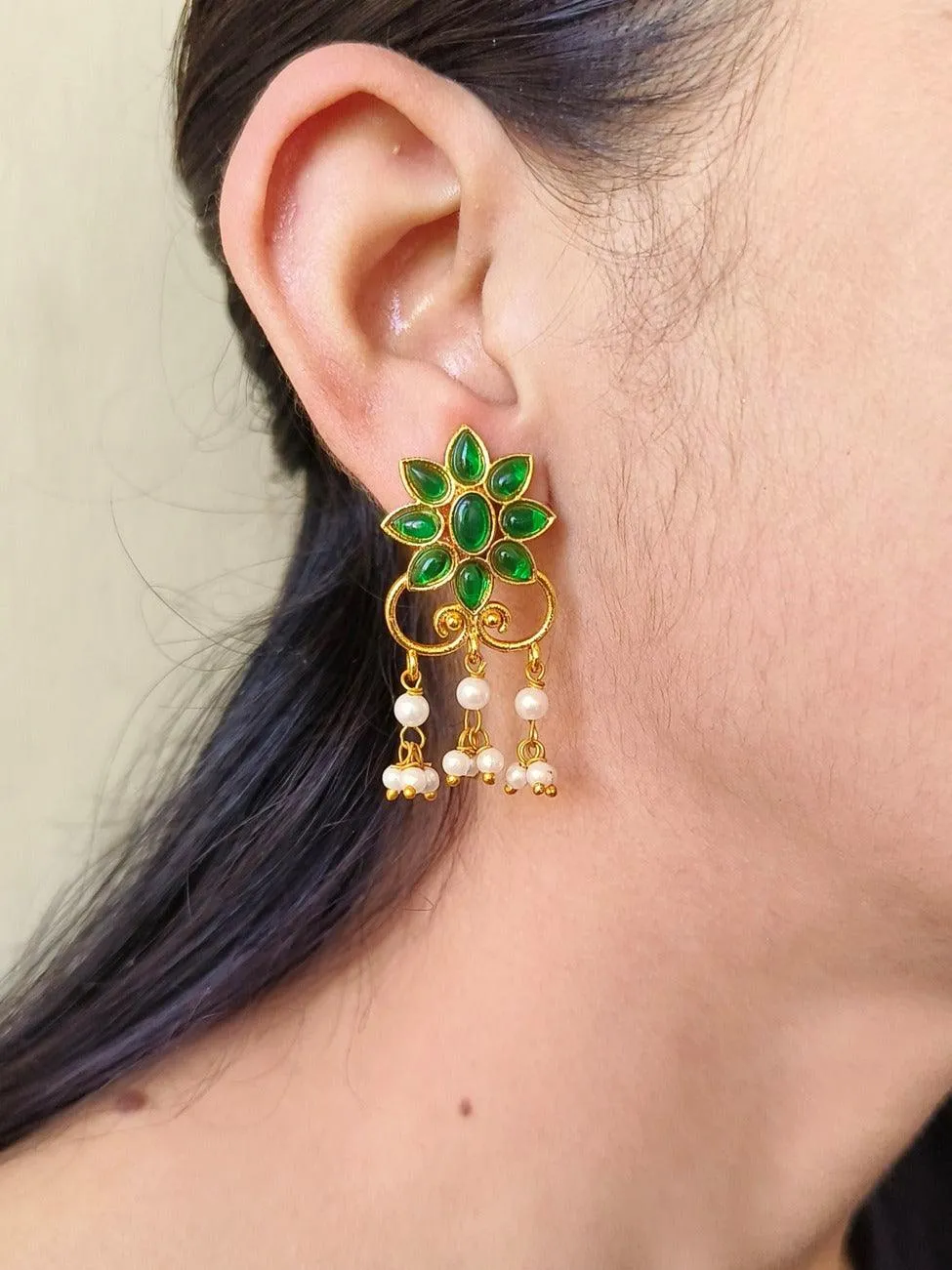 Golden Party Wear Stud Earrings with Pearl Drops & Stone Work | Sarichka