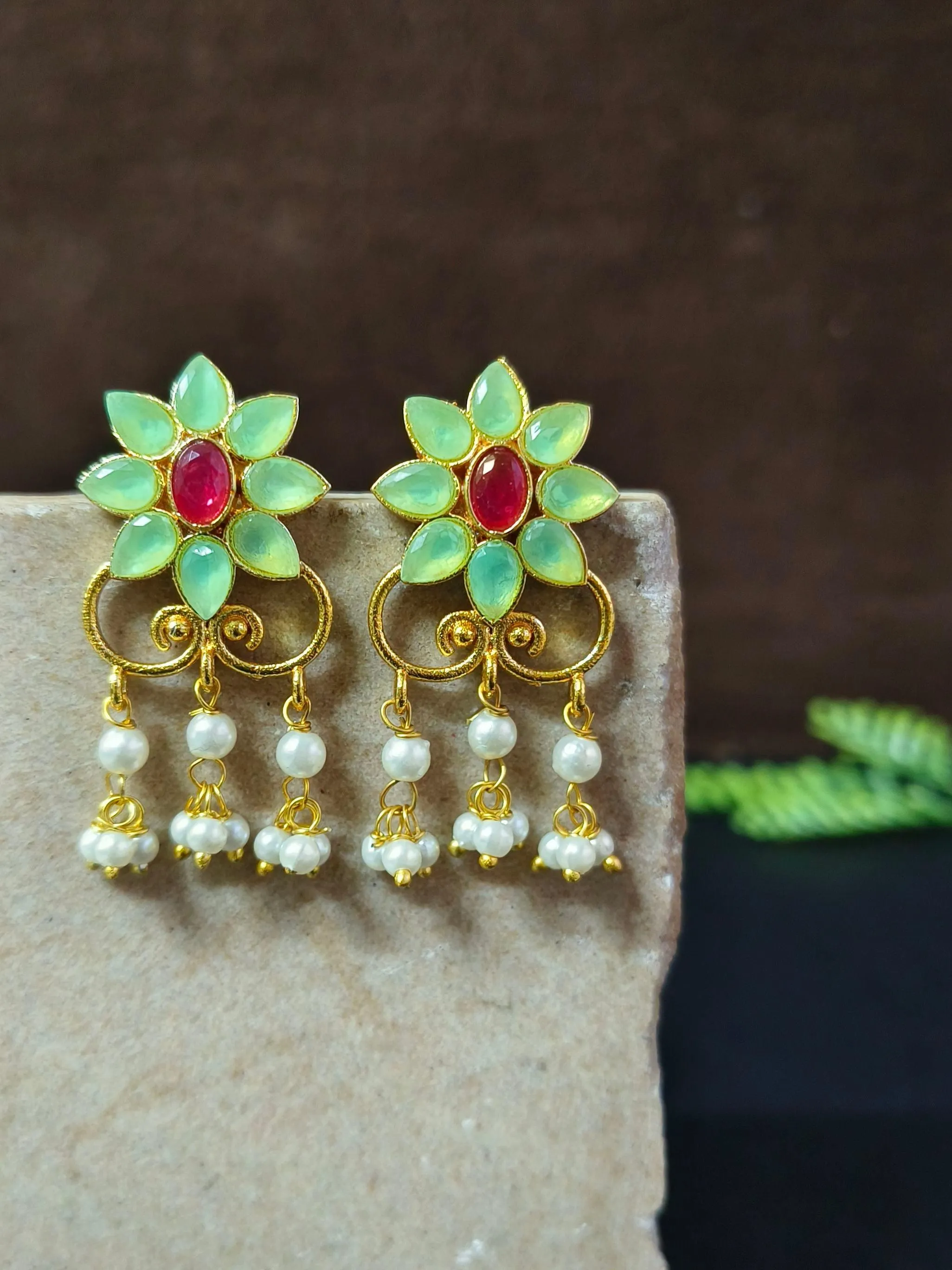 Golden Party Wear Stud Earrings with Pearl Drops & Stone Work | Sarichka