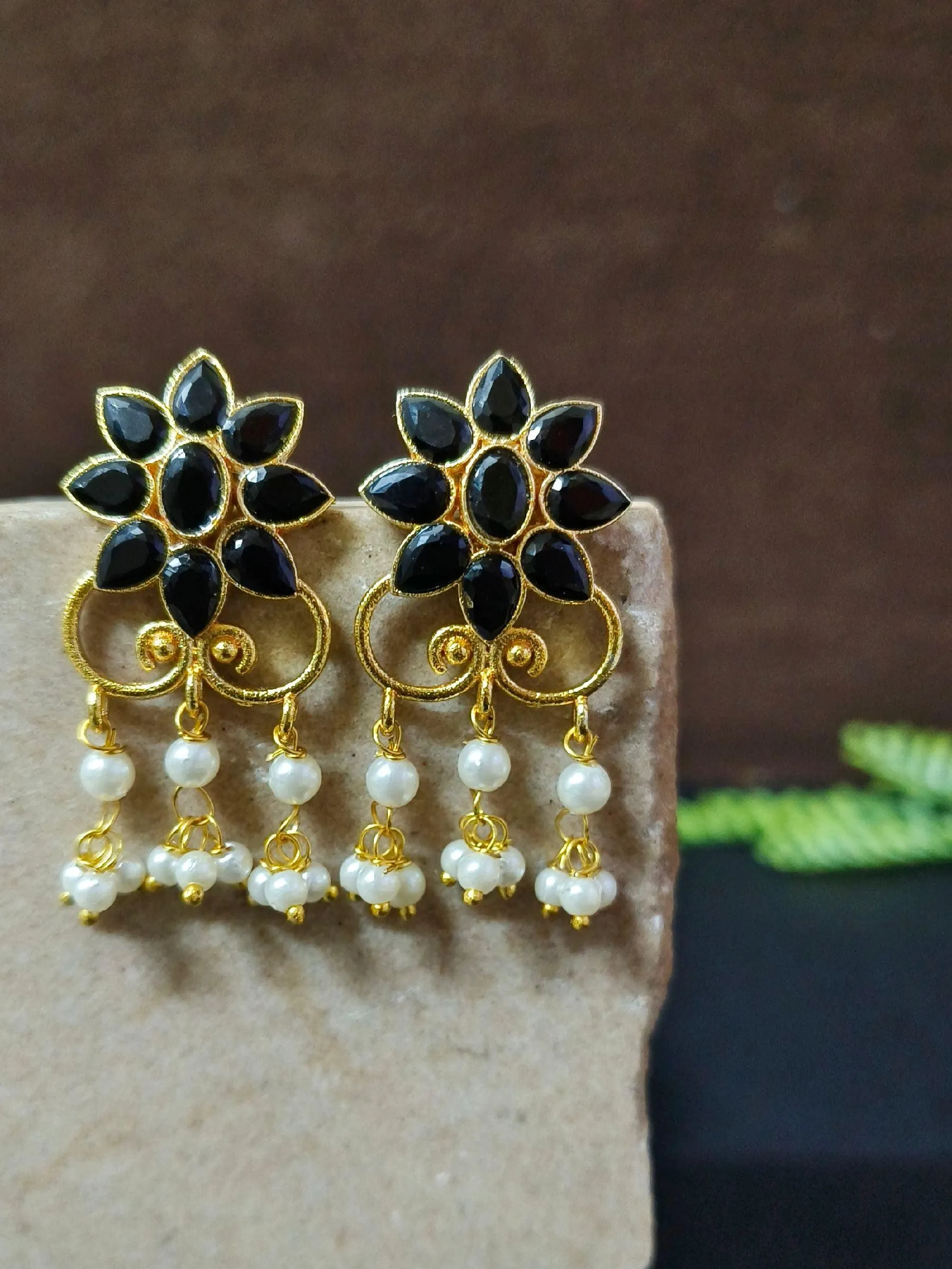 Golden Party Wear Stud Earrings with Pearl Drops & Stone Work | Sarichka