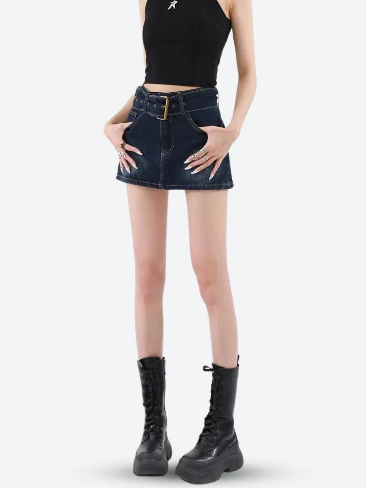 Grunge Belted Denim Mini Skirt