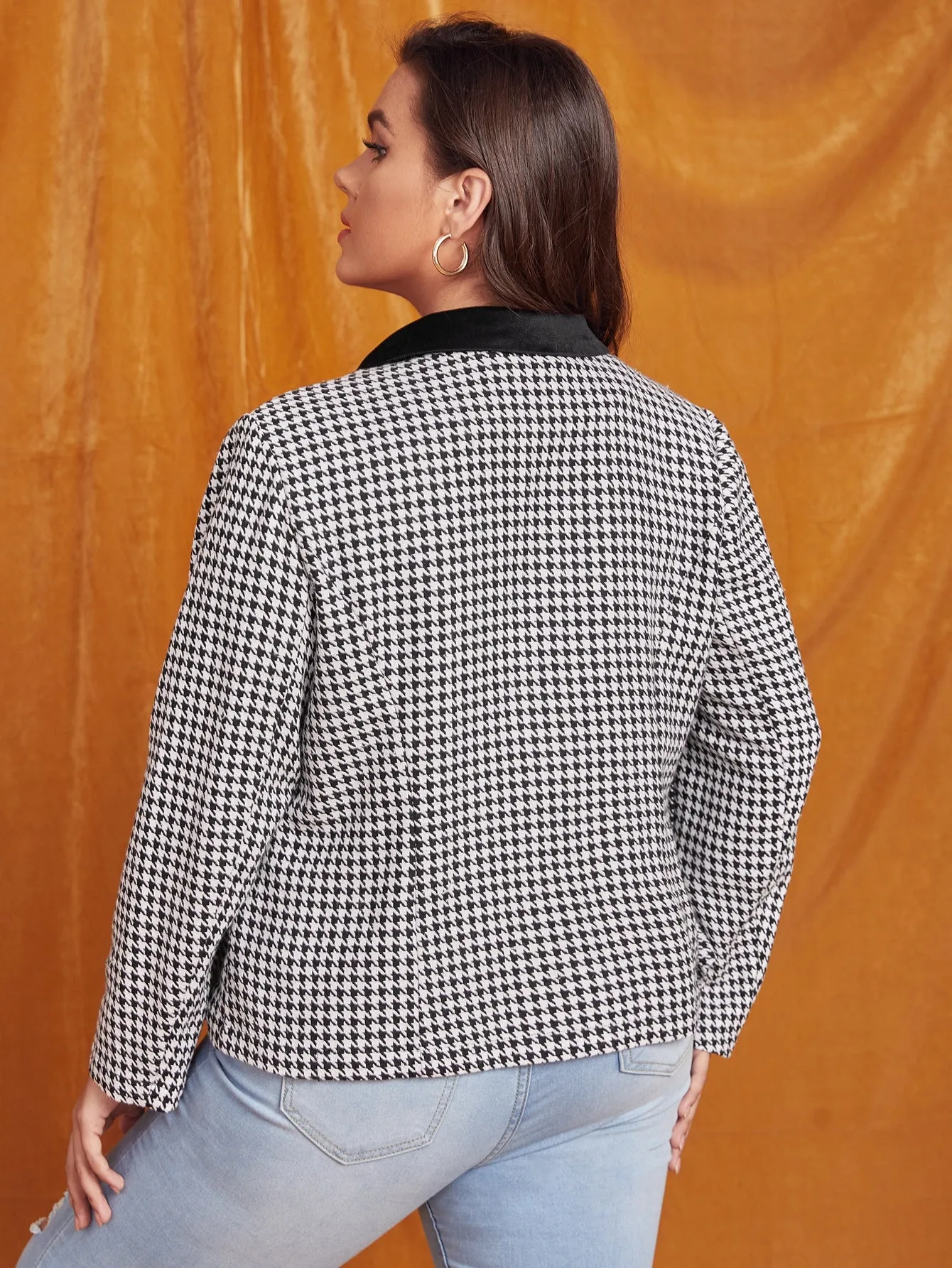 Houndstooth Button Front Long Sleeve Collar Regular Plus Size Overcoat