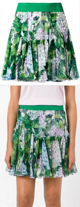 Hydrangea Printed Pleated Silk Skirt