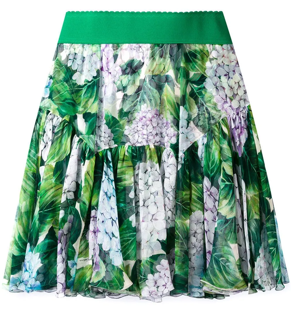 Hydrangea Printed Pleated Silk Skirt