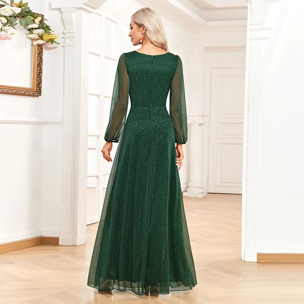 Jacqueline Elegant Green V Neck Long Sleeves Gown