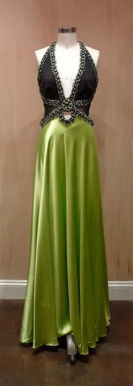 Jenny Packham Beaded Lime Satin Dress with Jeweled Neckline and Straps