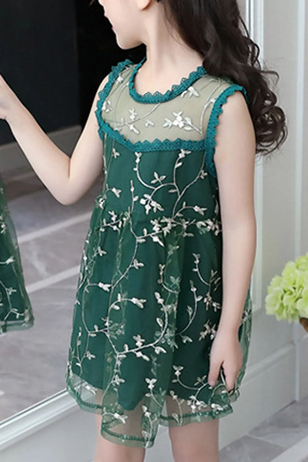 Kids Girls Amazing Floral Embroidery Sleeveless Thin Net Skirt Breathable Dress - KGD102036