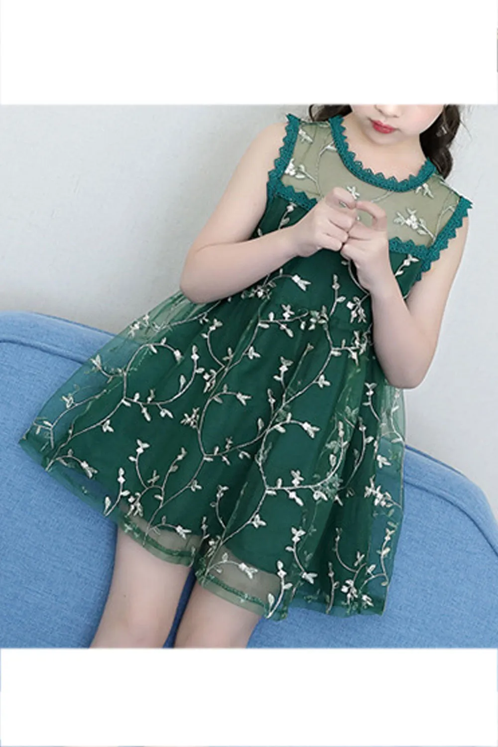 Kids Girls Amazing Floral Embroidery Sleeveless Thin Net Skirt Breathable Dress - KGD102036