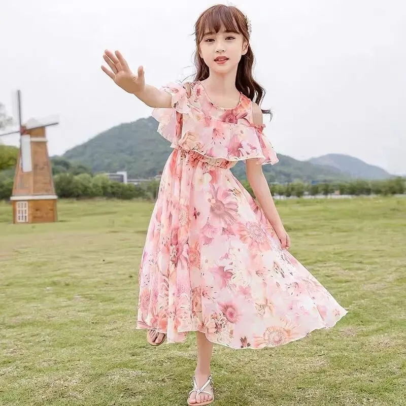 Kids Girls Summer Floral Pattern Beach Long Dress - KGD8311