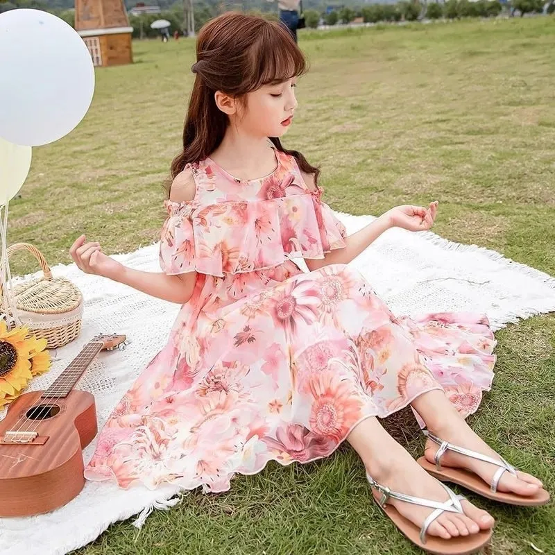 Kids Girls Summer Floral Pattern Beach Long Dress - KGD8311