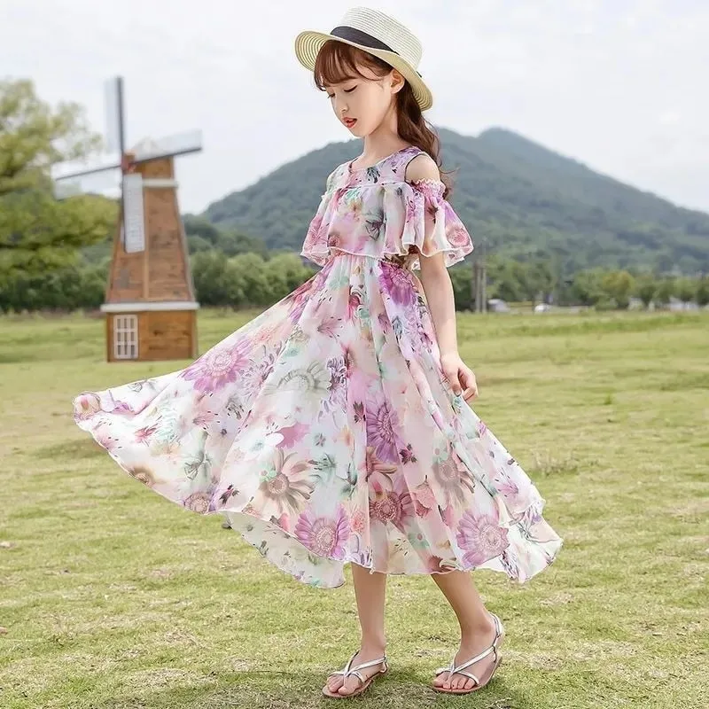 Kids Girls Summer Floral Pattern Beach Long Dress - KGD8311