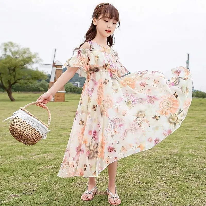 Kids Girls Summer Floral Pattern Beach Long Dress - KGD8311