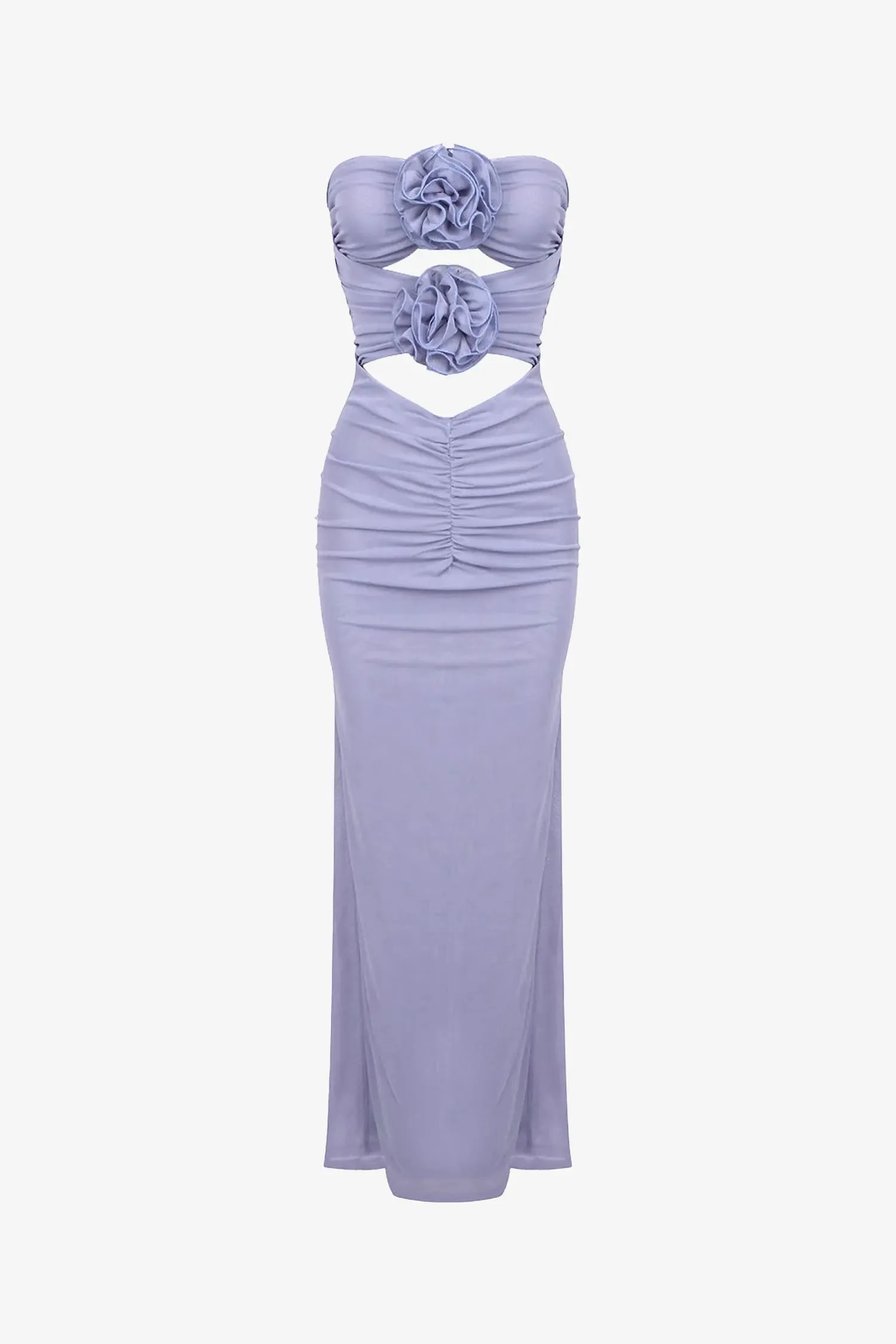 Lavender Strapless Ruched Cutout Maxi Dress