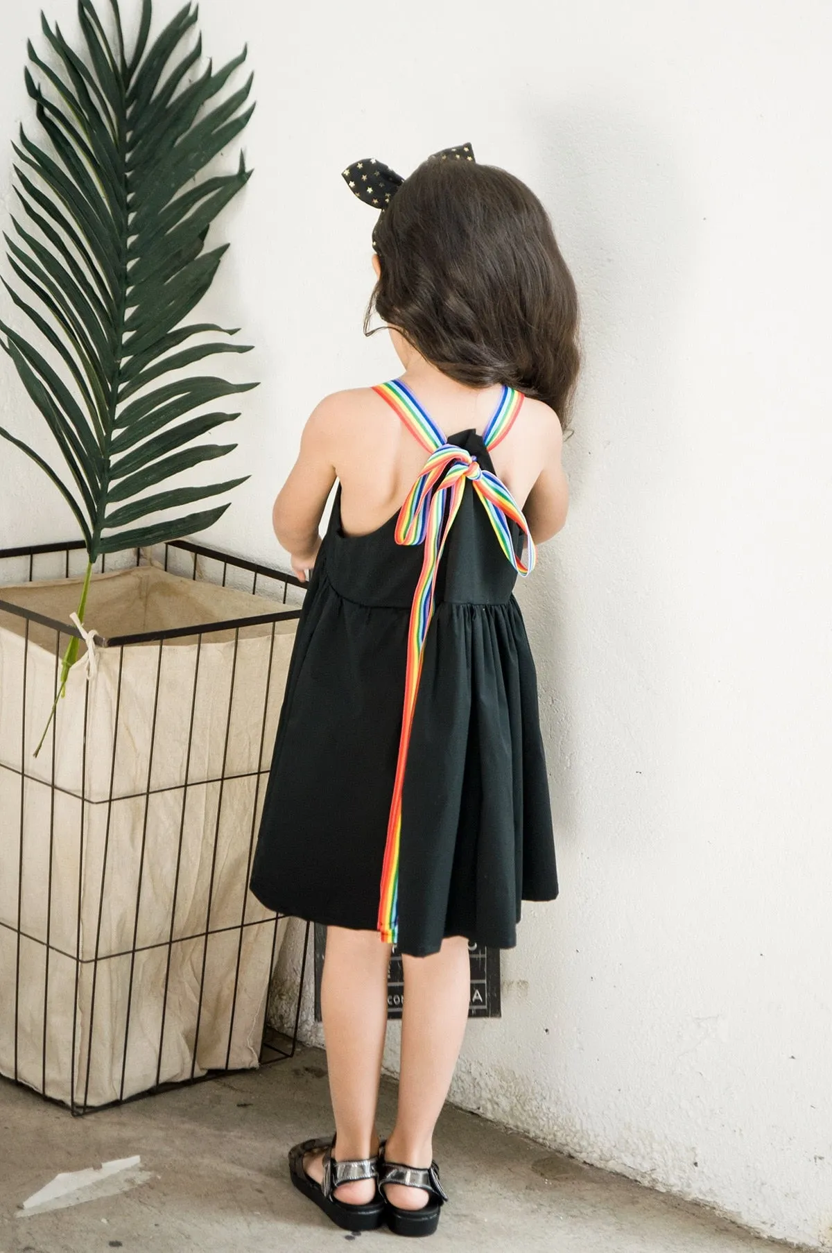 Lovely Simply Black Rainbow Strap A-Line Cotton Mini Dress For Girls