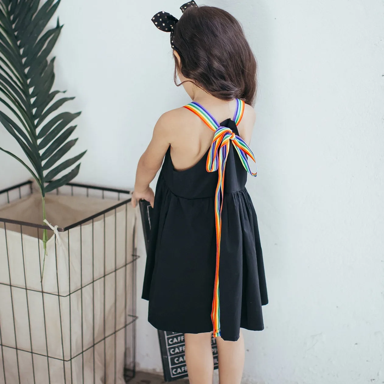 Lovely Simply Black Rainbow Strap A-Line Cotton Mini Dress For Girls