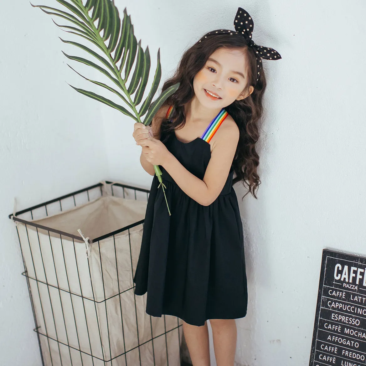 Lovely Simply Black Rainbow Strap A-Line Cotton Mini Dress For Girls