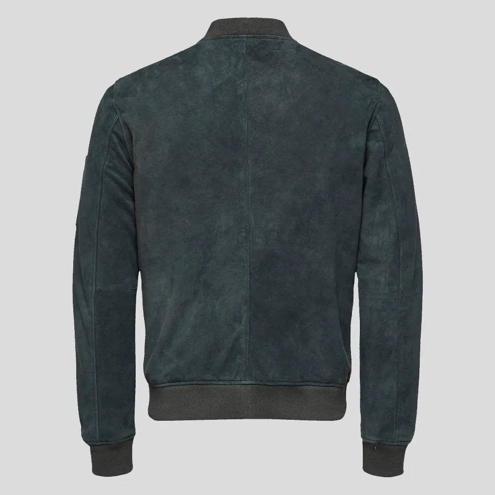 Lucy Dark Green Suede Bomber Leather Jacket