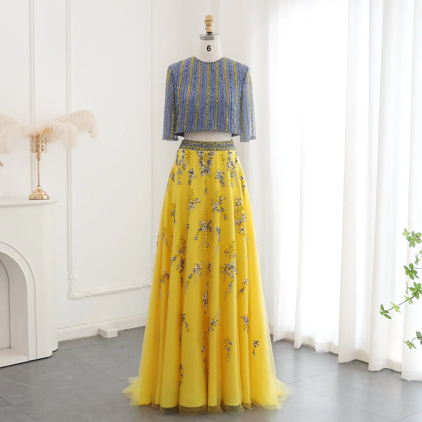 Luxury Beaded Yellow 2 Pieces Evening Dress SS490