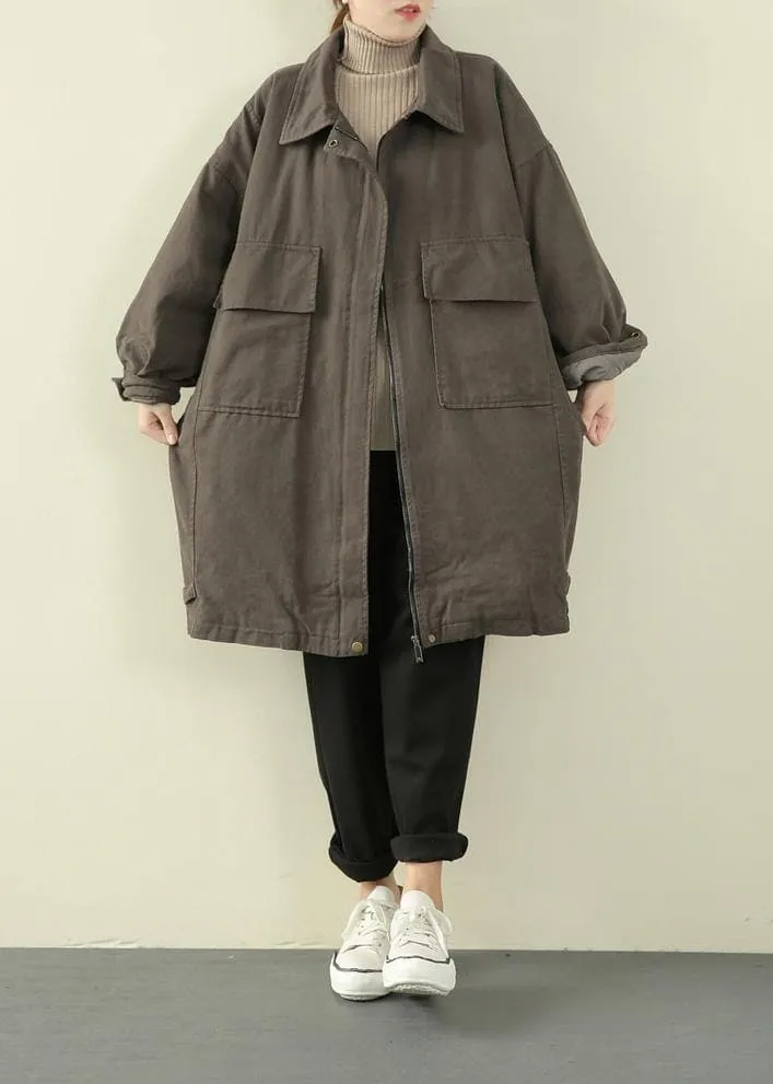 Luxury gray green casual outfit trendy plus size winter jacket lapel zippered overcoat