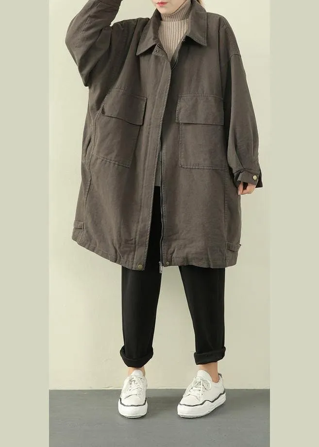 Luxury gray green casual outfit trendy plus size winter jacket lapel zippered overcoat