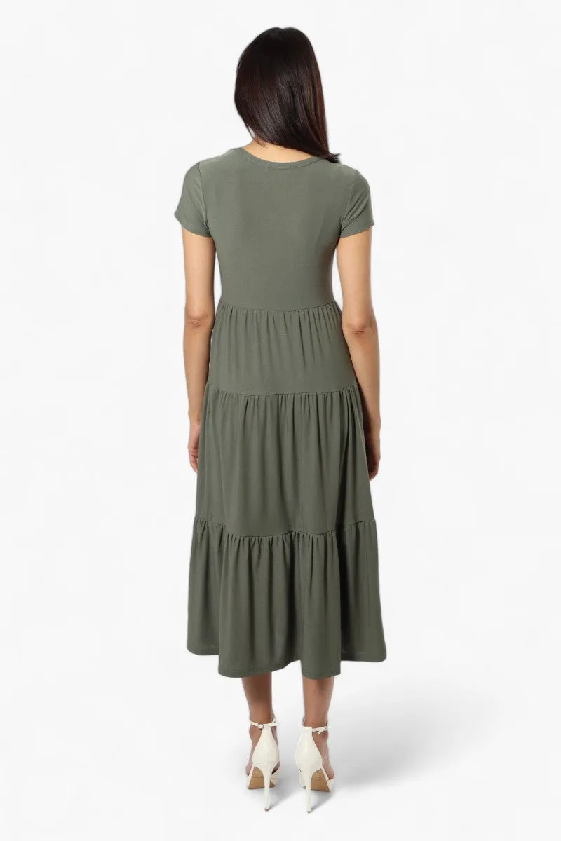 Majora Solid Cap Sleeve Tiered Maxi Dress - Olive